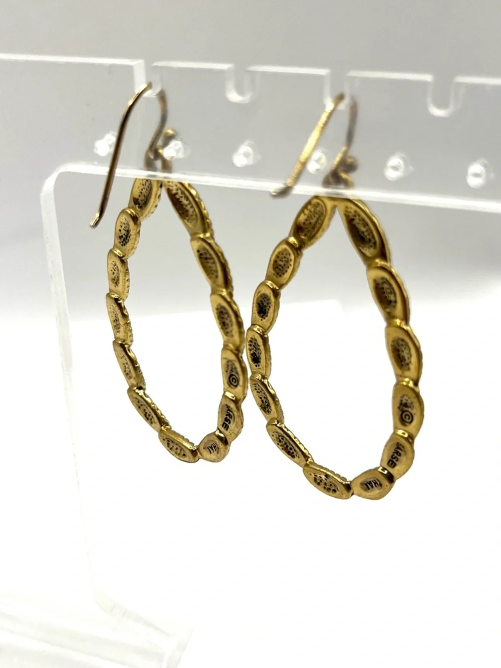 Barse Teardrop Leaf Link Earrings Gold Vermeil 925 Sterling Silver Hoop Large - Picture 9 of 14